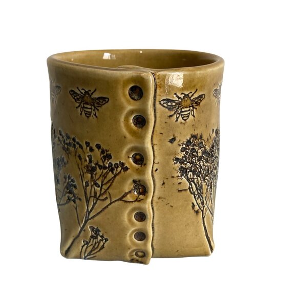 Colleen Deiss Mustard Yellow Slab Built Mug With Bees And Wildflower Design - Picture 3 of 8